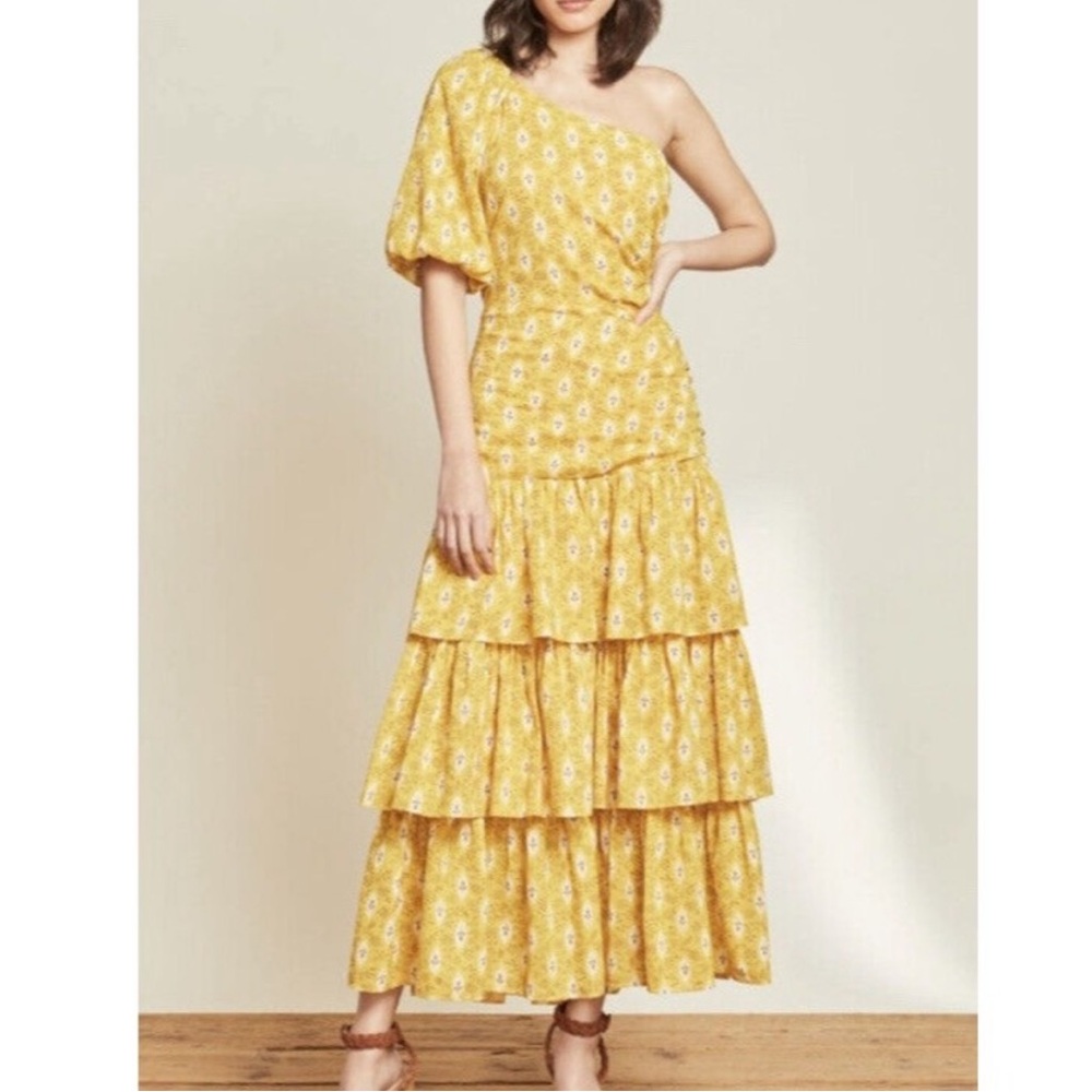 Veronica Beard Yellow Floral Tiered Maxi Dress
